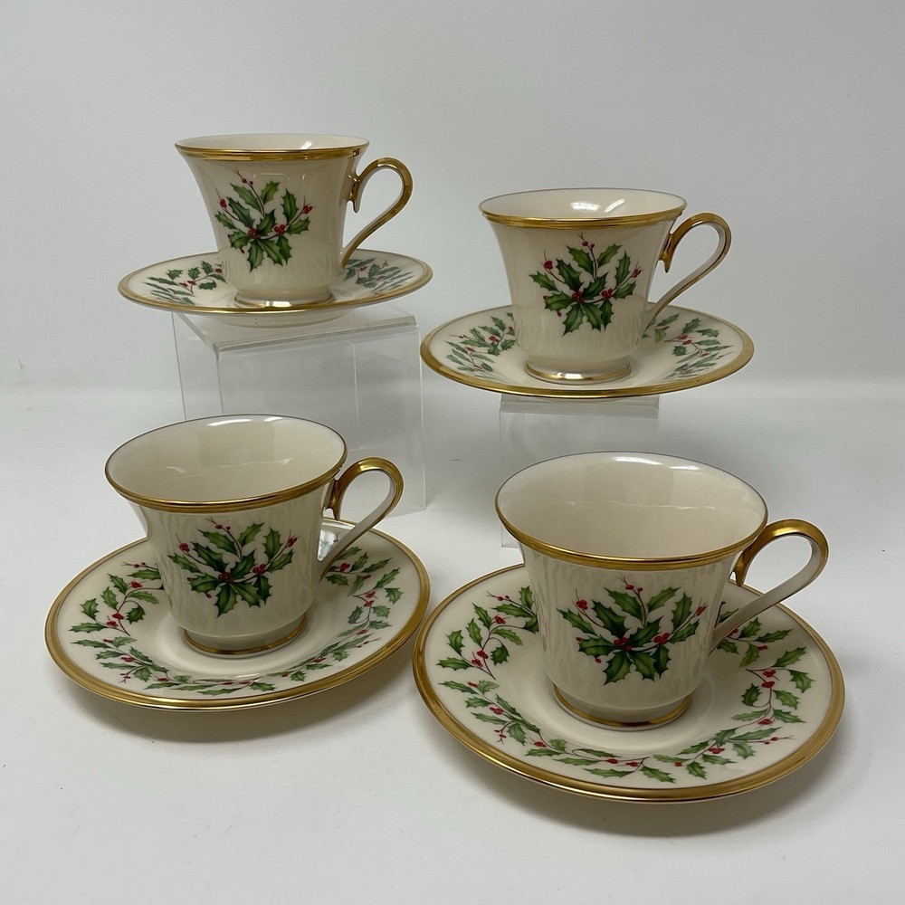 Lenox Holiday Dimensions Tea Coffee Cup Saucer Set Of 4 Holly Berries Gold